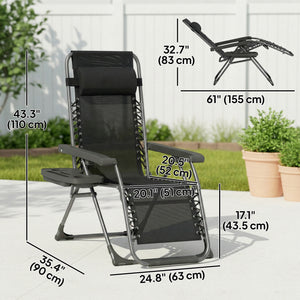 Ensemble de 2 chaises longues d'extérieur Zero Gravity, pliantes et inclinables, avec porte-gobelet et appui-tête, noires.