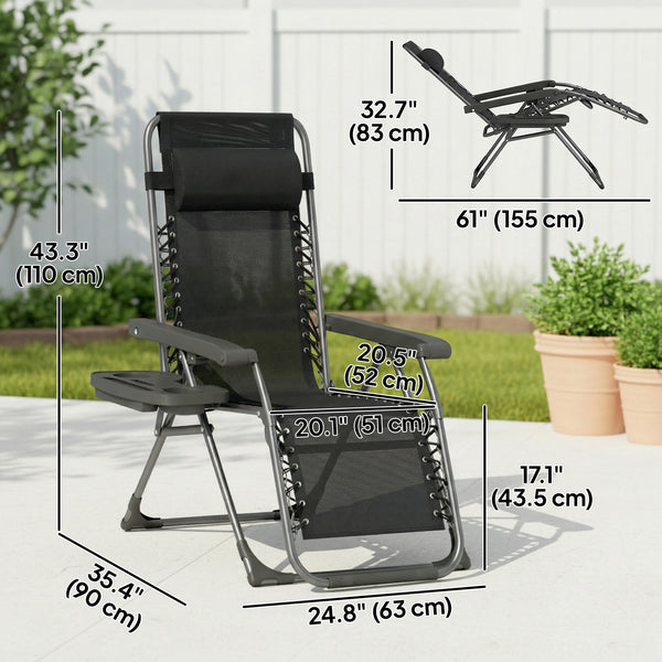 Ensemble de 2 chaises longues d'extérieur Zero Gravity, pliantes et inclinables, avec porte-gobelet et appui-tête, noires.