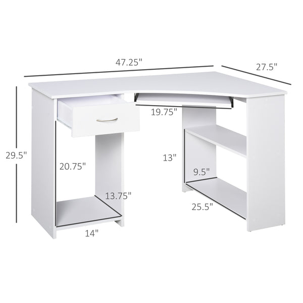 Bureau en L avec plateau pour clavier pour petit espace avec étagères, blanc