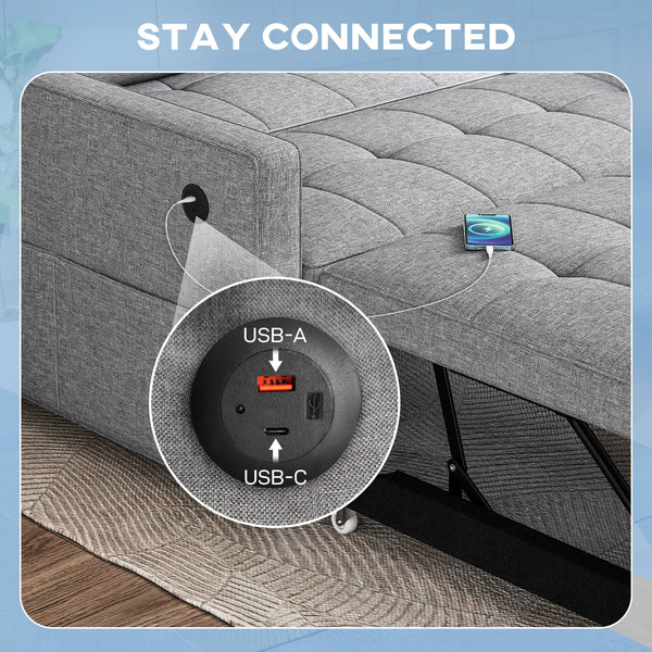 Futon two-seater trundle sofa bed in linen with USB ports, grey
