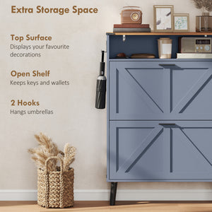 Shoe cabinet with 2 tilt-out drawers, country style, narrow, holds up to 16 pairs, blue