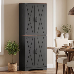 166 cm Kitchen Pantry Cabinet Adjustable Shelves Tall Storage Cabinet Door Shelves 8 Shelves Brown Black