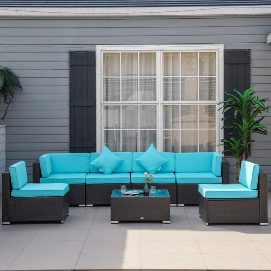 Outsunny 7-Piece Wicker Garden Sofa Set, Sectional Patio Furniture, Dark Coffee and Light Blue
