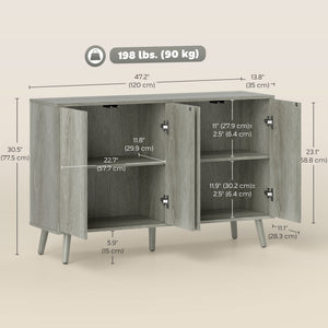 Modern light gray buffet with fluted drawers and adjustable shelves