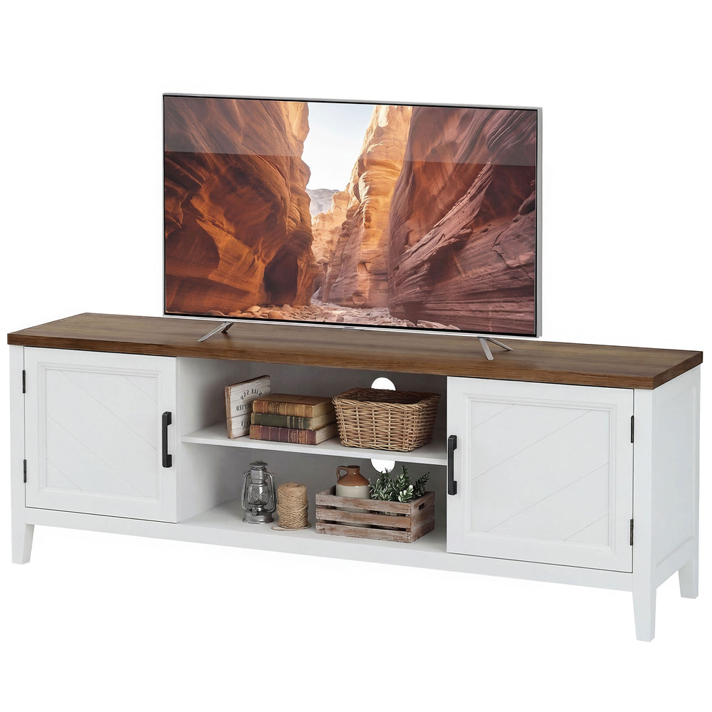 TV stand for TVs up to 42 inches with 2 open shelves, 2 cupboards, thick top, white and brown