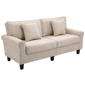 Canapé 3 places moderne tissu velours côtelé, pieds en pin et accoudoirs roulés, beige