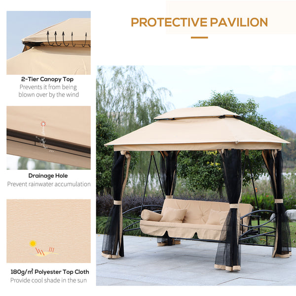 3 Person Outdoor Patio Daybed 3 in 1 Canopy Gazebo Swing Chair Garden Hammock with Mesh Mosquito Net and Sun Shade, Beige