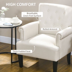 Fauteuil d'appoint en tissu avec pieds en bois et accoudoirs arrondis, blanc crème