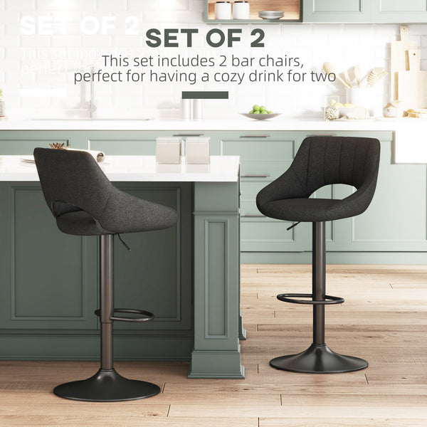 Set of 2 swivel bar stools upholstered in linen, black