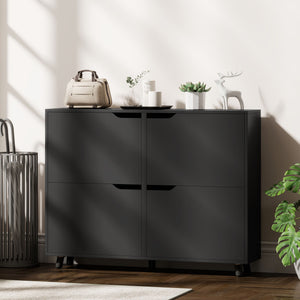 Narrow shoe cabinet for 16 pairs of shoes with 4 hinged drawers and adjustable shelves, black