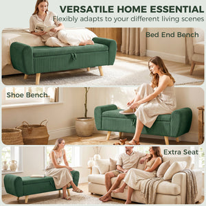 Banc de rangement 59 po en velours côtelé, vert foncé