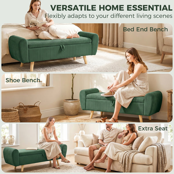 Banc de rangement 59 po en velours côtelé, vert foncé