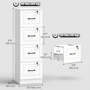Classeur vertical à 4 tiroirs avec serrure, équipé de barres de suspension réglables pour formats A4 et Lettre, blanc.