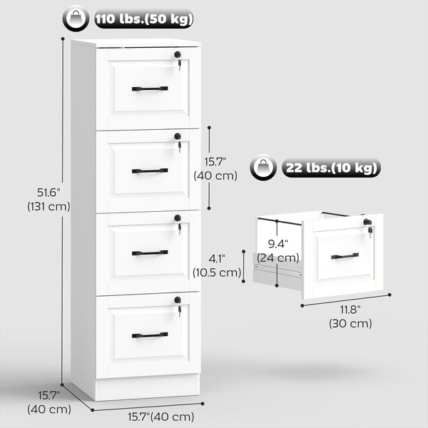 Classeur vertical à 4 tiroirs avec serrure, équipé de barres de suspension réglables pour formats A4 et Lettre, blanc.