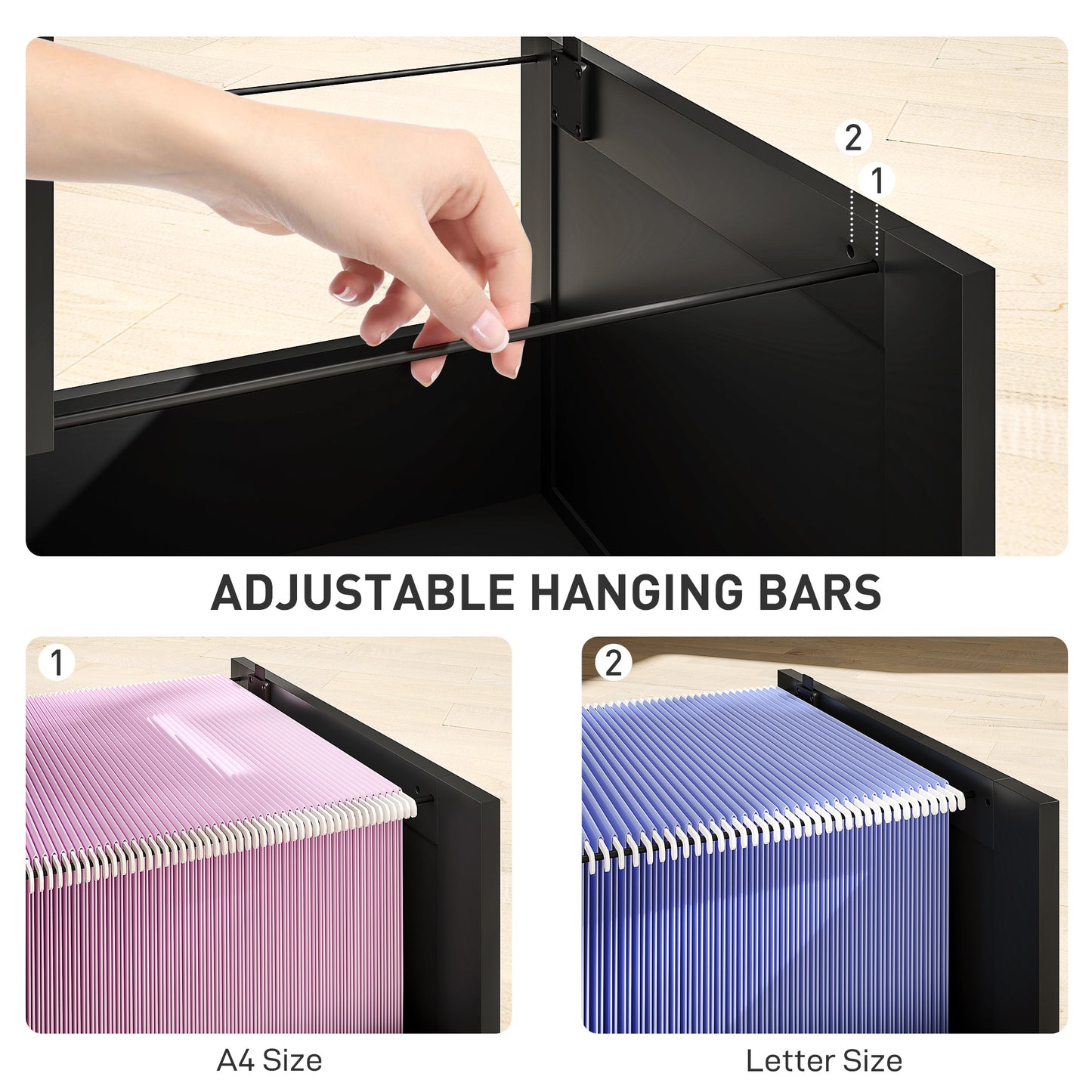 Classeur HOMCOM 4 tiroirs avec serrure, armoire de rangement de bureau avec barres de suspension réglables pour dossiers format A4, noir