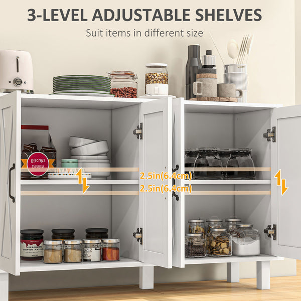 Kitchen dresser with 4 sliding barn doors and 2 adjustable shelves, white