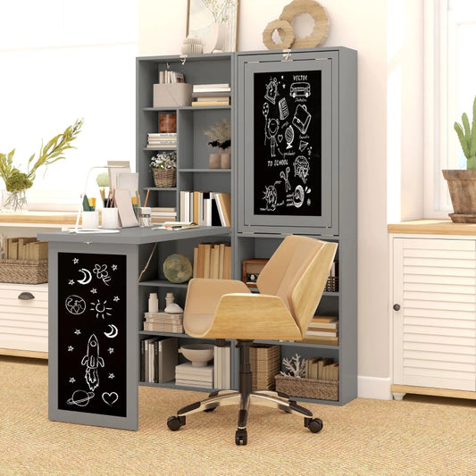 Bureau d'ordinateur mural pliable et convertible avec tableau noir et étagère latérale, gris anthracite