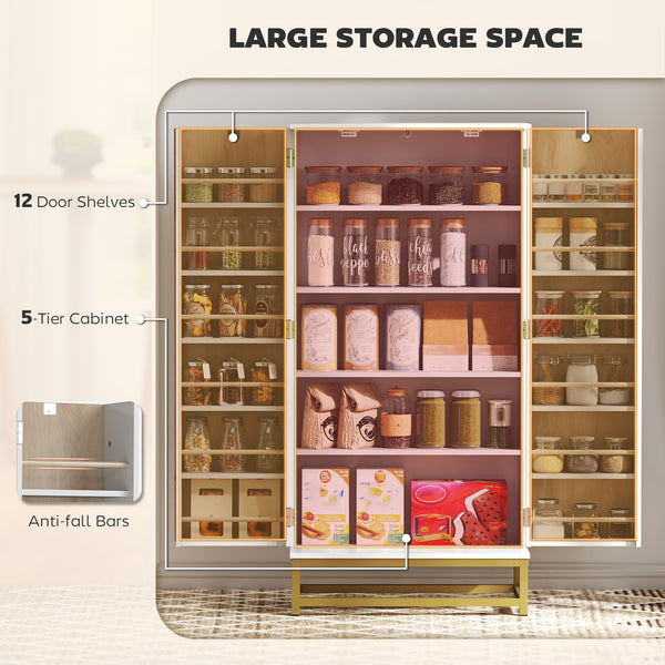 Meuble de rangement de cuisine avec 12 étagères de porte et étagères réglables, blanc