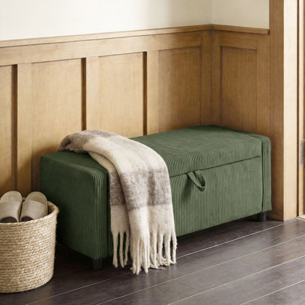 Pouf de rangement en velours côtelé avec rembourrage épais, banc de rangement pour chambre, vert foncé