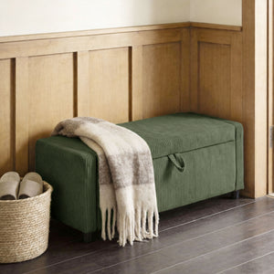 Corduroy Storage Ottoman with Thick Padding, Bedroom Storage Bench, Dark Green
