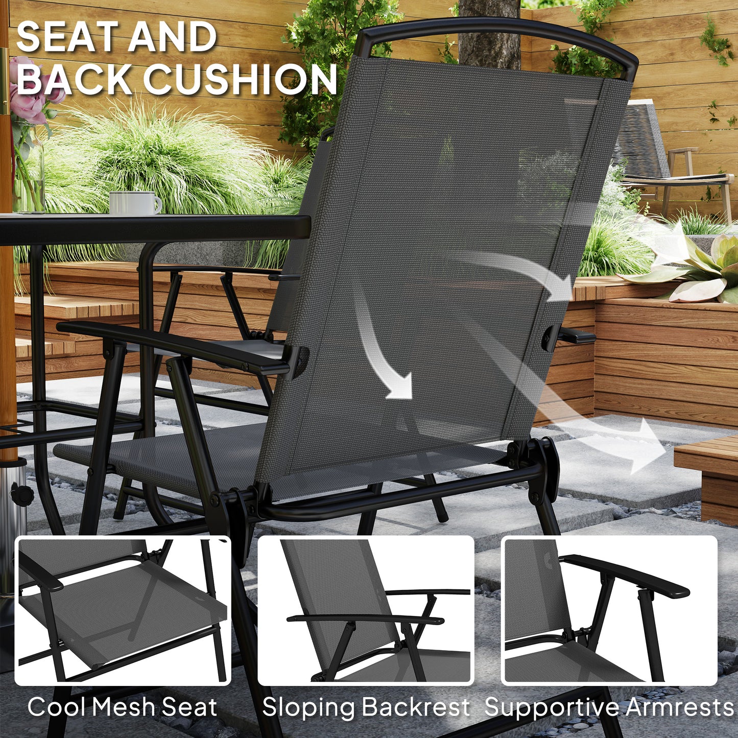 Outsunny 5 Piece Outdoor Dining Set with Glass Table and 4 Folding Mesh Chairs, Small Garden Furniture, Grey