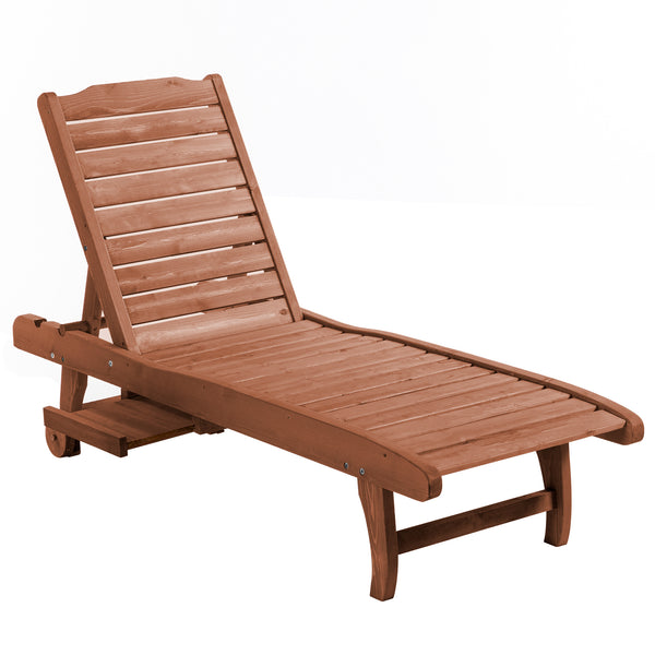 Wooden Outdoor Lounge Chair, Adjustable Patio Outdoor Chaise Recliner Garden Furniture, Tanning Chair with Pull-out Tray and 2 Wheels, Brown