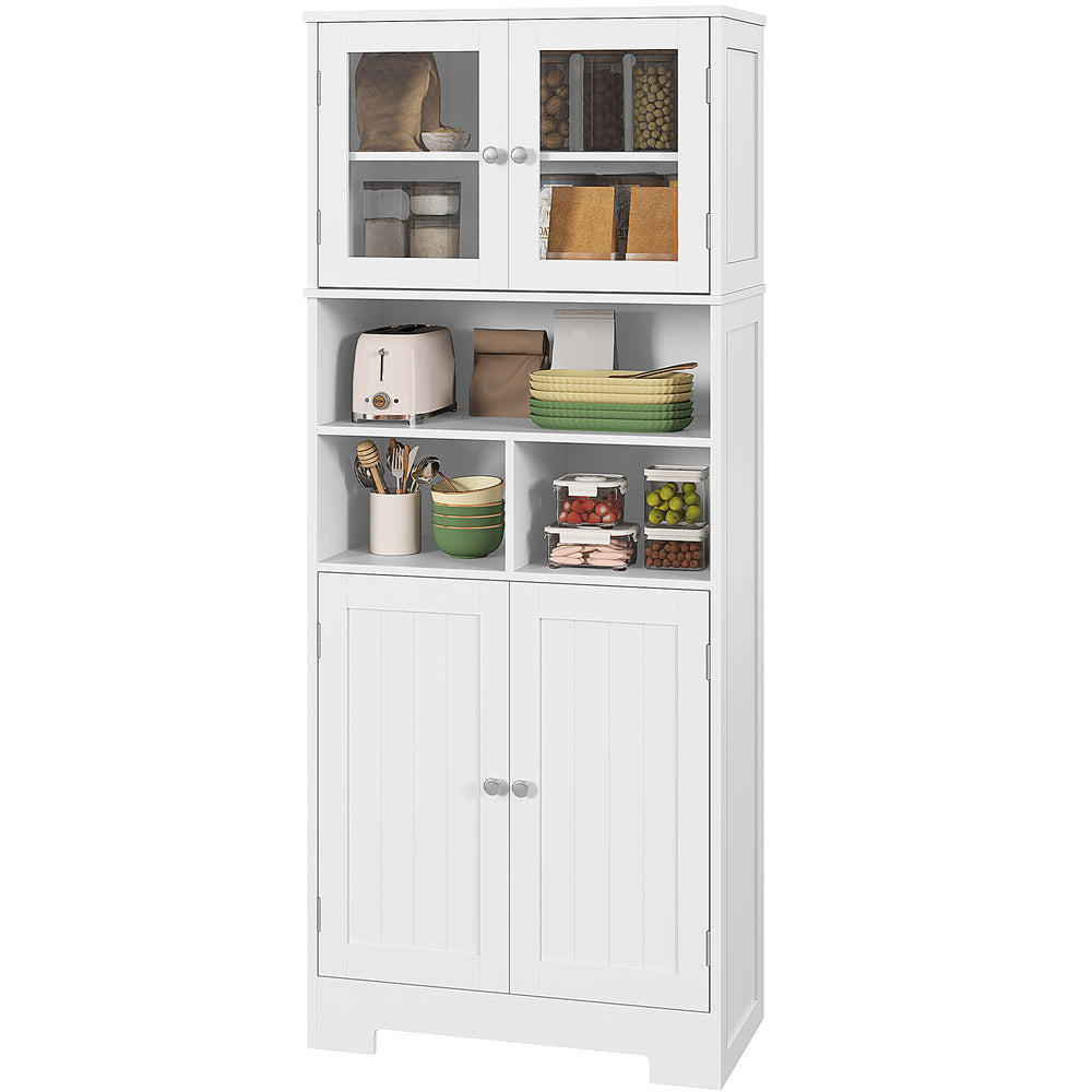 Garde-manger de cuisine avec portes vitrées, étagères réglables, compartiments ouverts, blanc