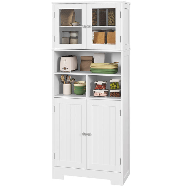 Garde-manger de cuisine avec portes vitrées, étagères réglables, compartiments ouverts, blanc