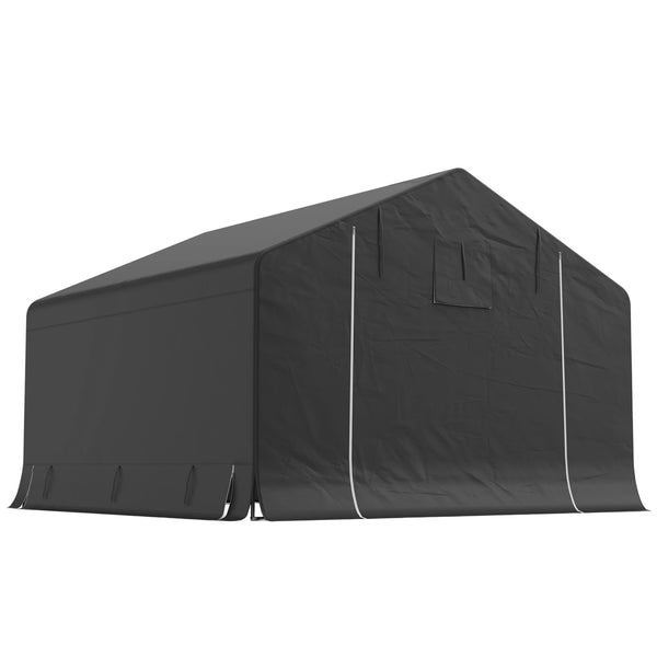 Portable waterproof garden shed with roll-up zip door and reinforced galvanized metal frame, dark grey