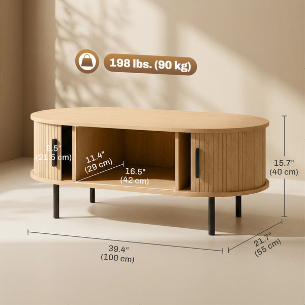 Table basse avec portes coulissantes à tambour et table de rangement centrale, pieds en métal, couleur bois naturel