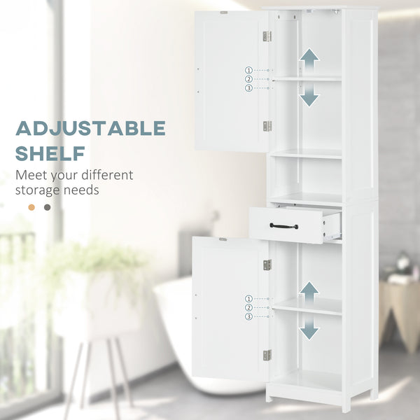 Meuble de salle de bain moderne étroit avec tiroir à étagère ouverte, portes encastrées et étagères réglables, blanc