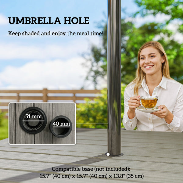 Outdoor Dining Table for 4, Square Patio Table with Umbrella Hole, Shelf, Slatted Faux Wood Steel Top, Grey