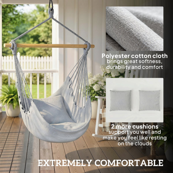Hammock Chair Swing Hanging Macrame Chair w/ Two Soft Seat Cushions, Grey