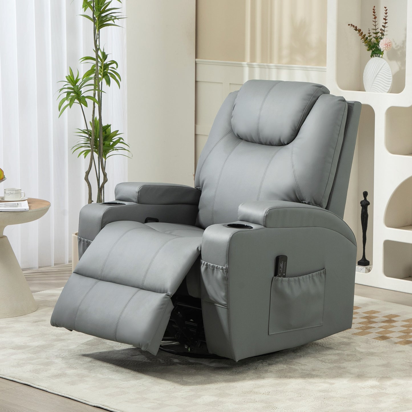 Fauteuil massant inclinable manuel pivotant avec 8 points de vibration et porte-gobelets, gris clair