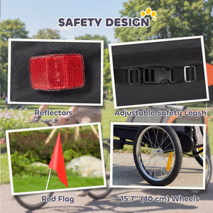 Dog bike trailer with 2 doors, large wheels and safety flag.