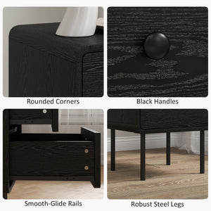 Set of 2 bedside tables with 2 storage drawers and steel legs, black wood finish.