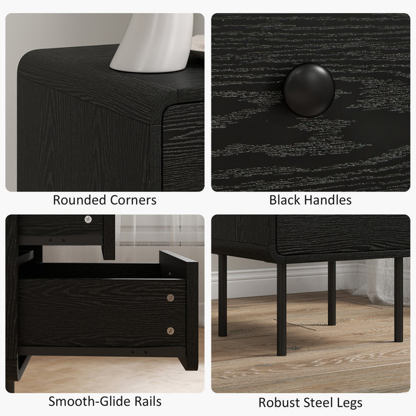 Set of 2 bedside tables with 2 storage drawers and steel legs, black wood finish.