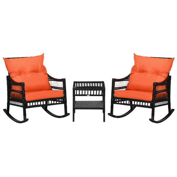Ensemble bistro avec 2 fauteuils à bascules en rotin PE et une table en verre trempé
