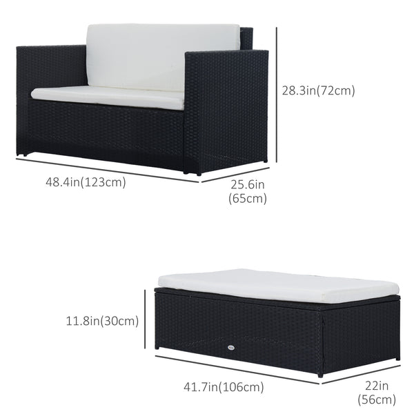 Ensemble de salon 2 pièces en osier avec causeuse et pouf deux places, blanc crème