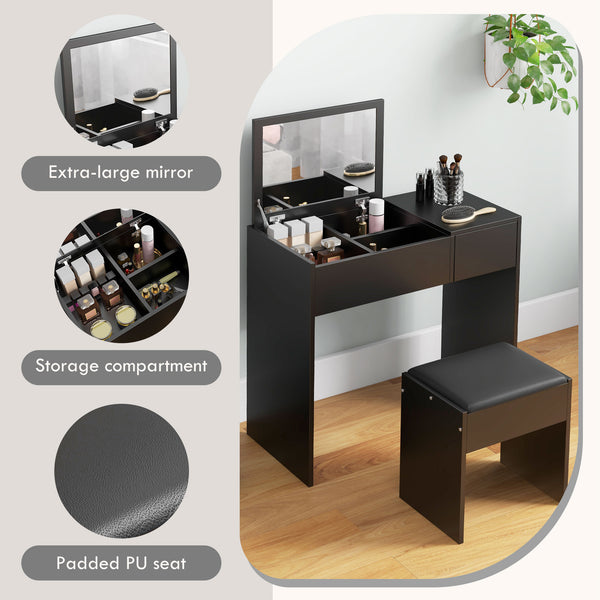 Coiffeuse moderne avec miroir rabattable et tabouret rembourré, noir