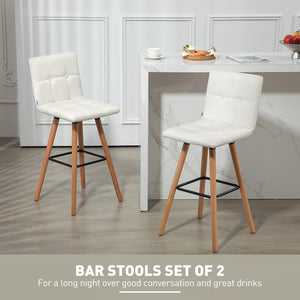 Lot de 2 tabourets de bar rembourrés, pieds en bois massif, blanc