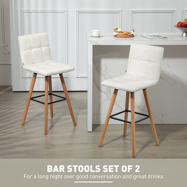 Lot de 2 tabourets de bar rembourrés, pieds en bois massif, blanc