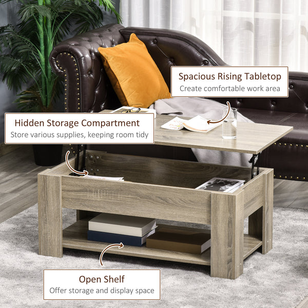 Table basse relevable avec compartiment de rangement dissimulé et étagère ouverte, gris