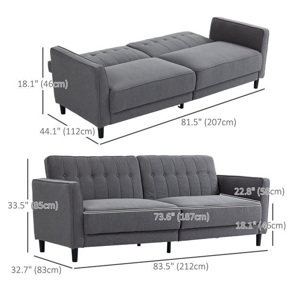 Canapé-lit convertible en tissu capitonné avec dossier réglable, gris anthracite