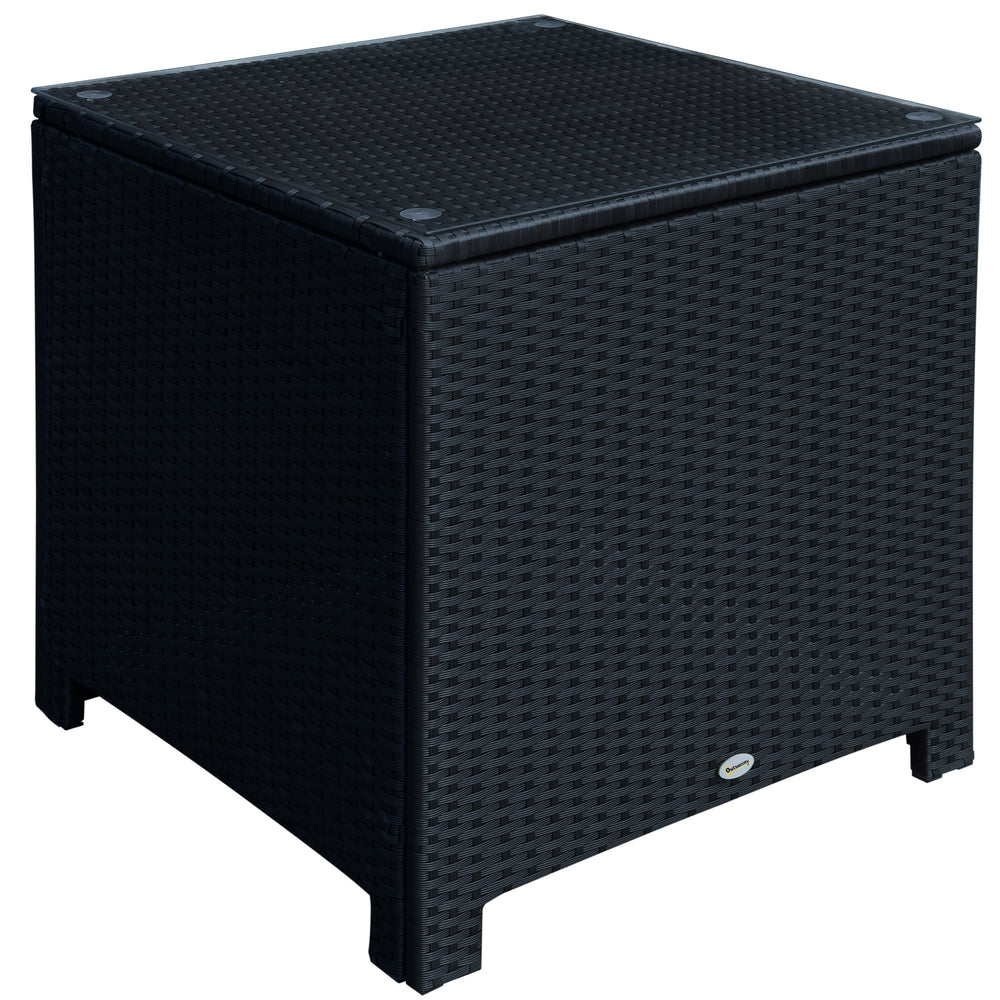 Table basse en osier avec plateau en verre, mobilier de jardin pour terrasse, piscine, jardin, pelouse, noir