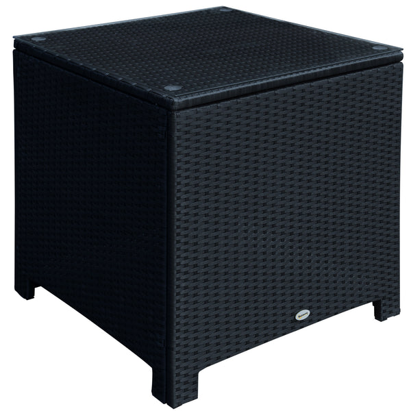 Table basse en osier avec plateau en verre, mobilier de jardin pour terrasse, piscine, jardin, pelouse, noir