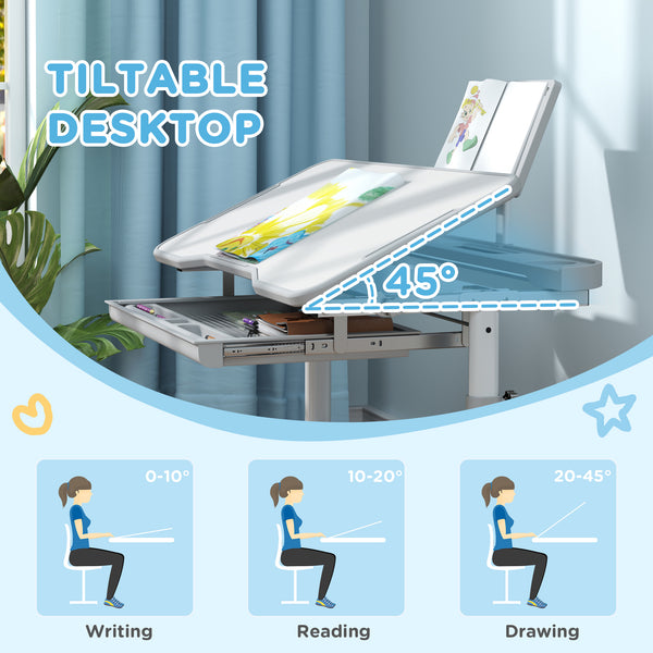 Height-adjustable desk and chair set with tilting top, gray