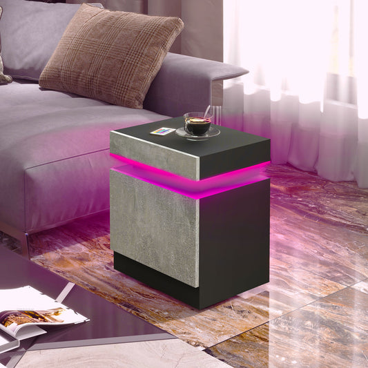 Table de chevet avec éclairage LED et 2 tiroirs pour chambre et salon, gris ciment