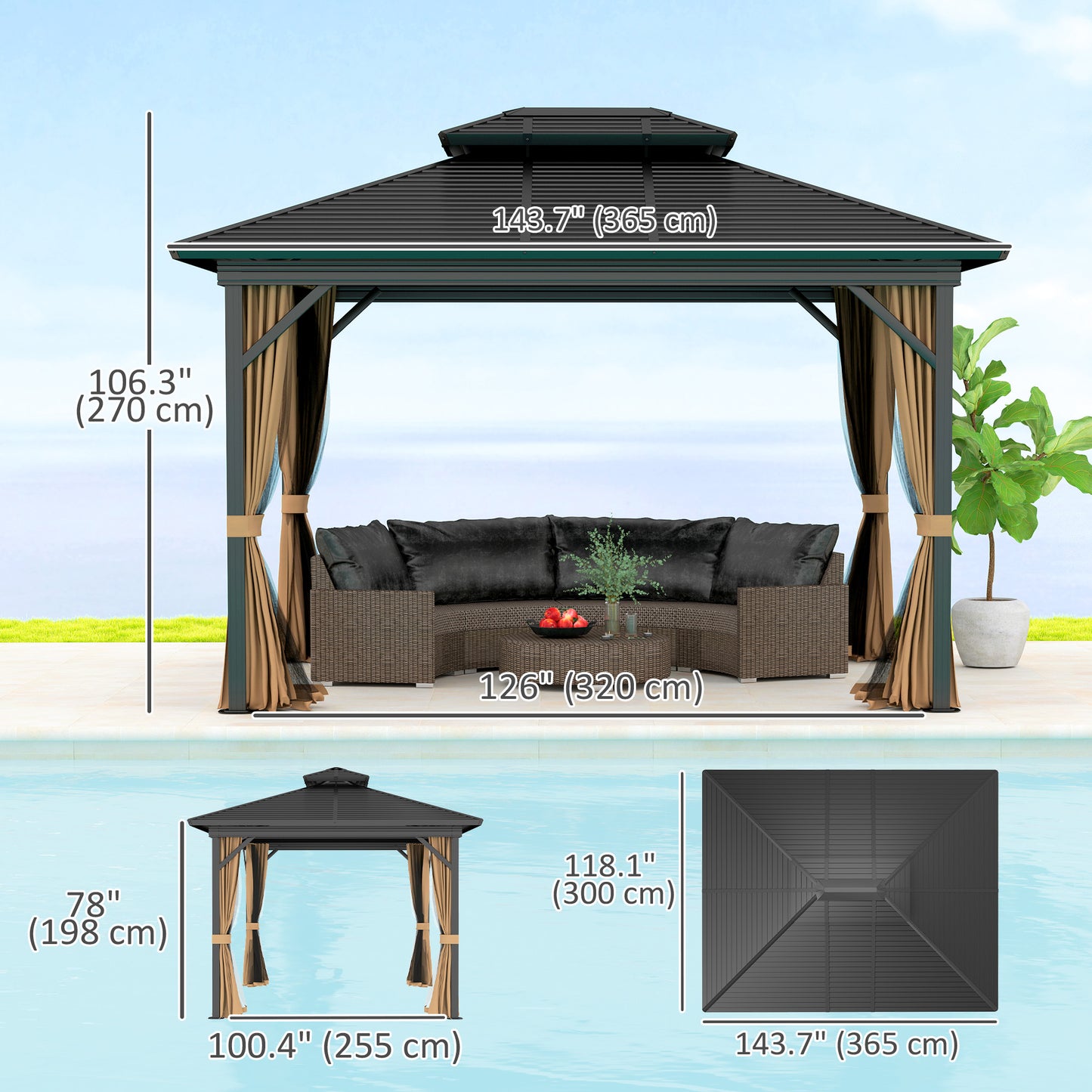 Gazebo 10' x 12' à toit rigide, abri solaire avec toit métallique à deux niveaux, moustiquaire et crochet de suspension, brun foncé