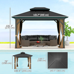 Gazebo 10' x 12' à toit rigide, abri solaire avec toit métallique à deux niveaux, moustiquaire et crochet de suspension, brun foncé
